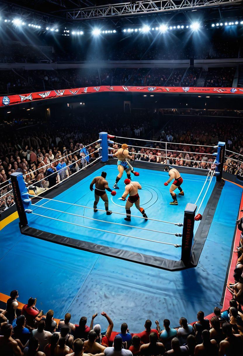 A vibrant scene capturing passionate wrestling fans in a packed arena, adorned in colorful merchandise, cheering enthusiastically. In the foreground, diverse wrestlers embrace their culture, showcasing various styles and techniques in an energetic match. The backdrop features dynamic lighting that captures the excitement of the sport and the community atmosphere. super-realistic. vibrant colors. action-packed.