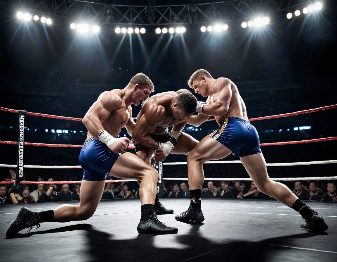 A dynamic scene depicting a wrestling ring with two athletes engaged in a submission hold, showcasing technique and intensity. The background features cheering fans and dramatic lighting. Emphasize muscular detail and the expression of focus on the wrestlers' faces. Add visual elements that highlight the art and discipline of combat sports, such as trophies and training equipment in the corners. super-realistic. vibrant colors. dramatic lighting.